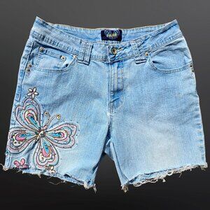 Y2K  Angels Cut Off denim Shorts Size 8 Embroidered Rhinestone Butterfly 2000s
